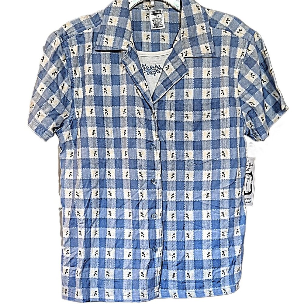 Women's L Short-sleeve Blue Button-up Gingham w/Attached Floral Embroidered Tank
